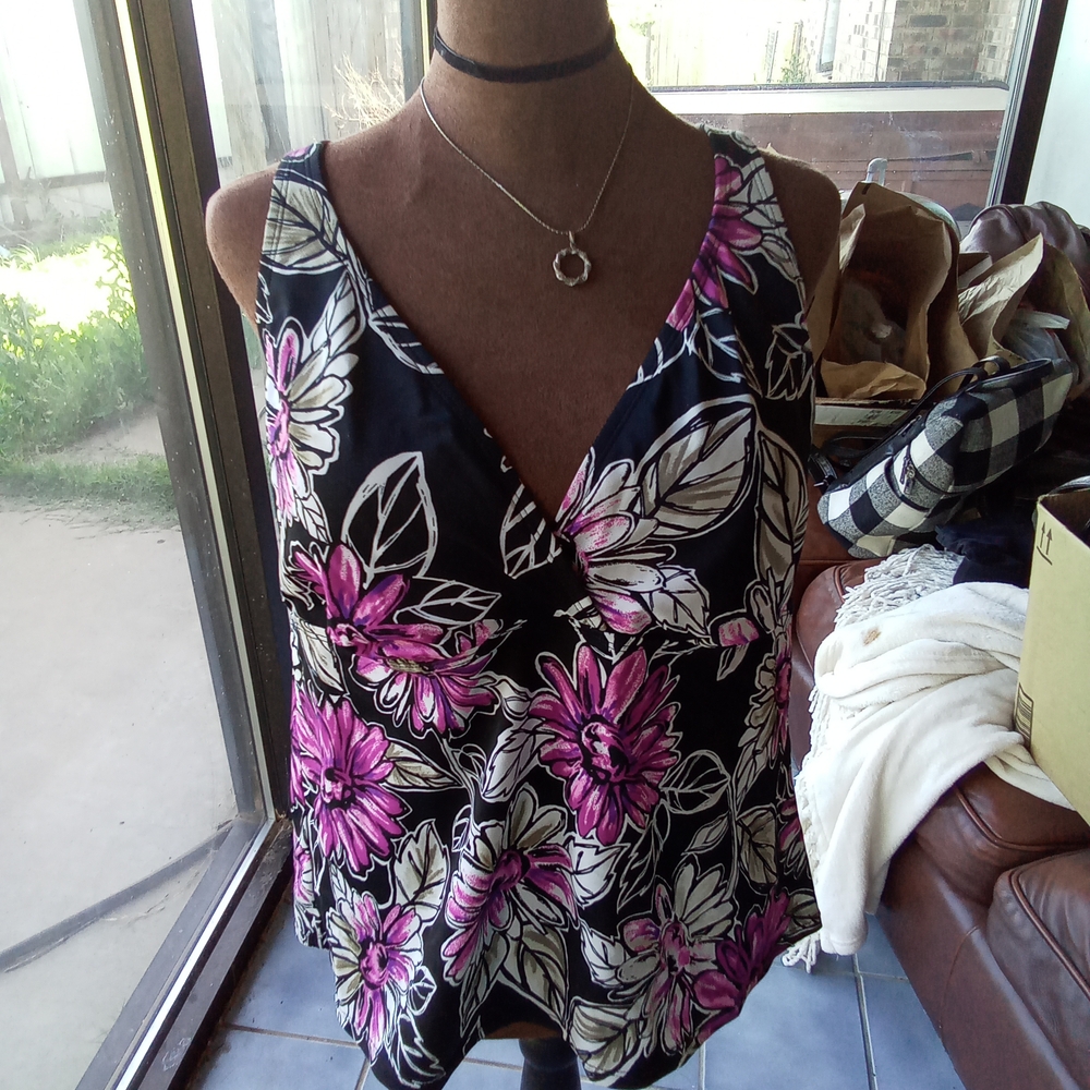 Jantzen Collection Black and Pink Wrap Floral Swim Top